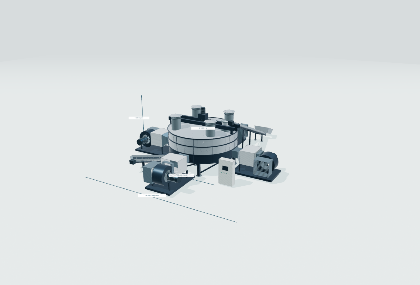 Dört hava hattına sahip R04 fındık kurutma makinesinin CAD görünümü